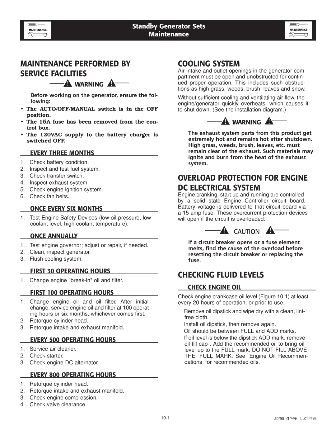 Generac Power Systems 005324-1, 005325-1 owner manual Maintenance Performed by Service Facilities, Cooling System 