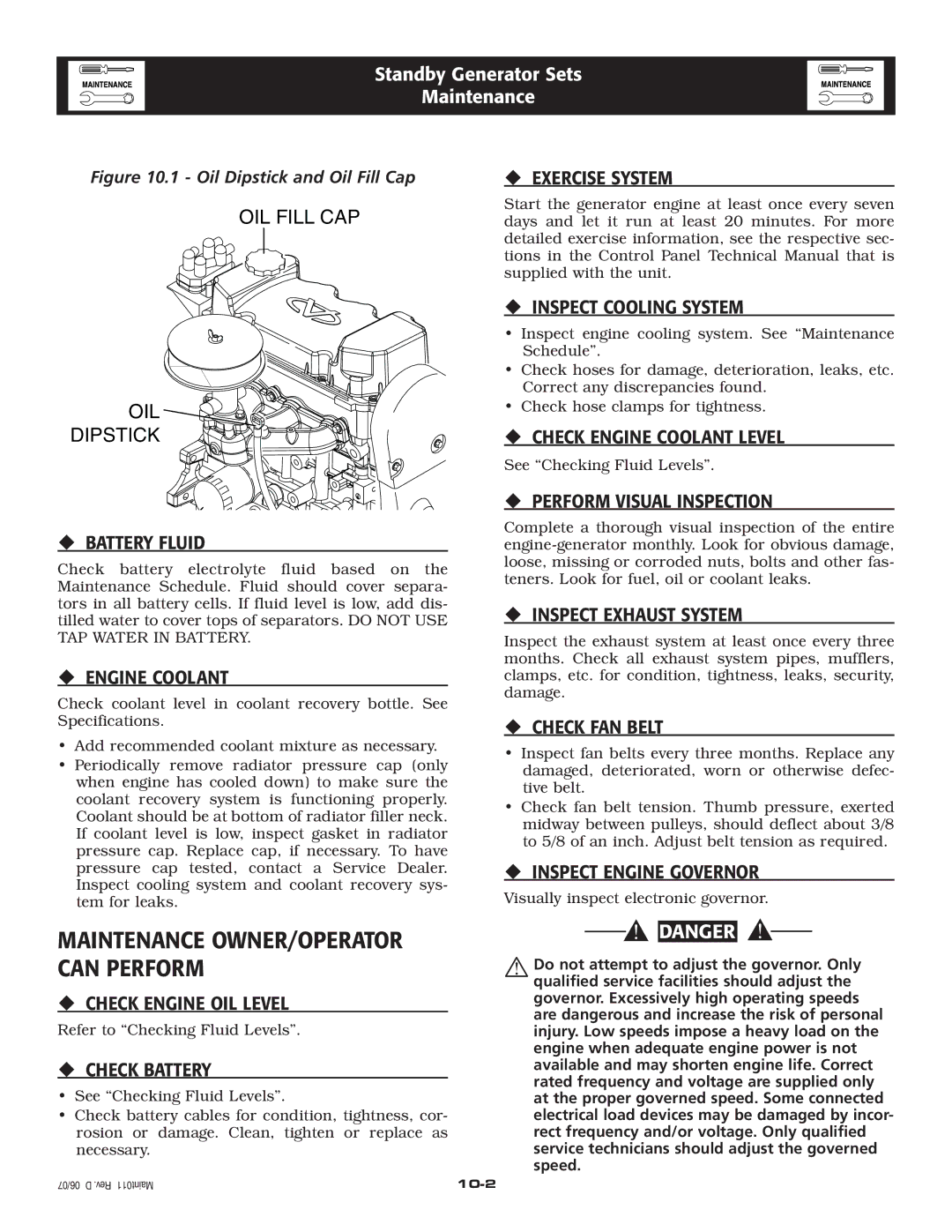 Generac Power Systems 005324-1, 005325-1 ‹ Battery Fluid, ‹ Exercise System, ‹ Inspect Cooling System, ‹ Check FAN Belt 