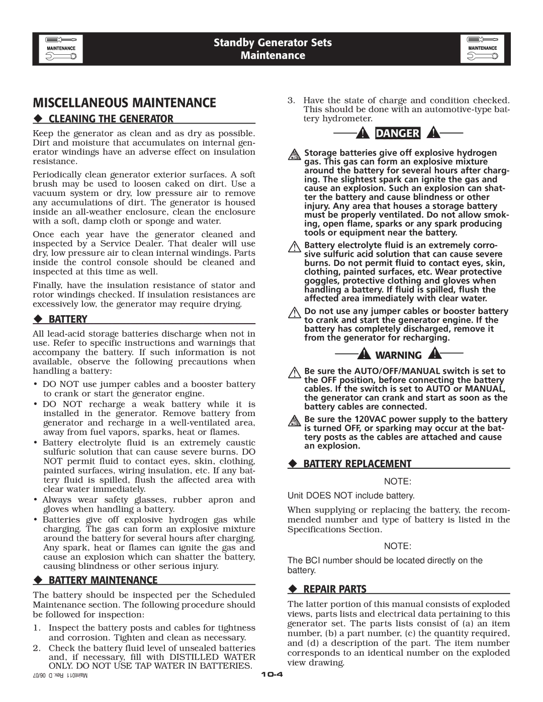 Generac Power Systems 005324-1, 005325-1 owner manual Miscellaneous Maintenance 