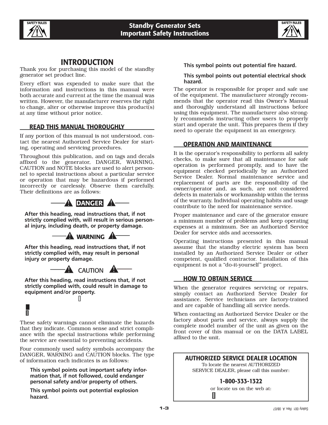 Generac Power Systems 005324-1, 005325-1 Introduction, ‹ Read this Manual Thoroughly, ‹ Operation and Maintenance 