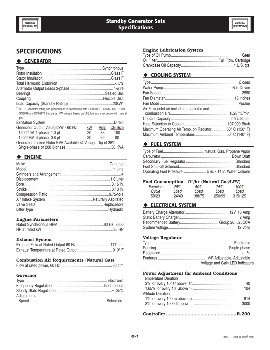 Generac Power Systems 005336-0, 005337-0 owner manual Specifications 