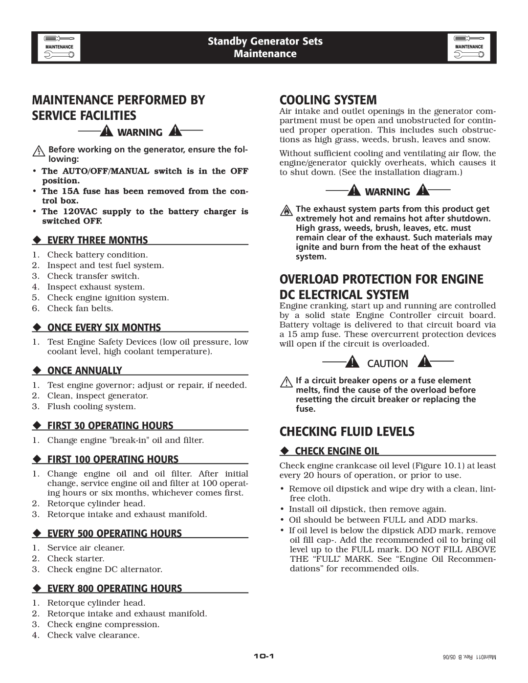 Generac Power Systems 005336-0, 005337-0 owner manual Maintenance Performed by Service Facilities, Cooling System 