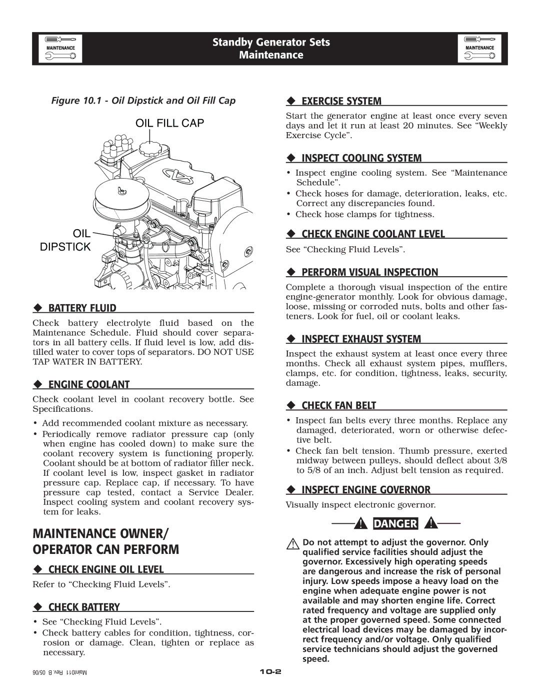 Generac Power Systems 005336-0, 005337-0 owner manual Maintenance Owner Operator can Perform 