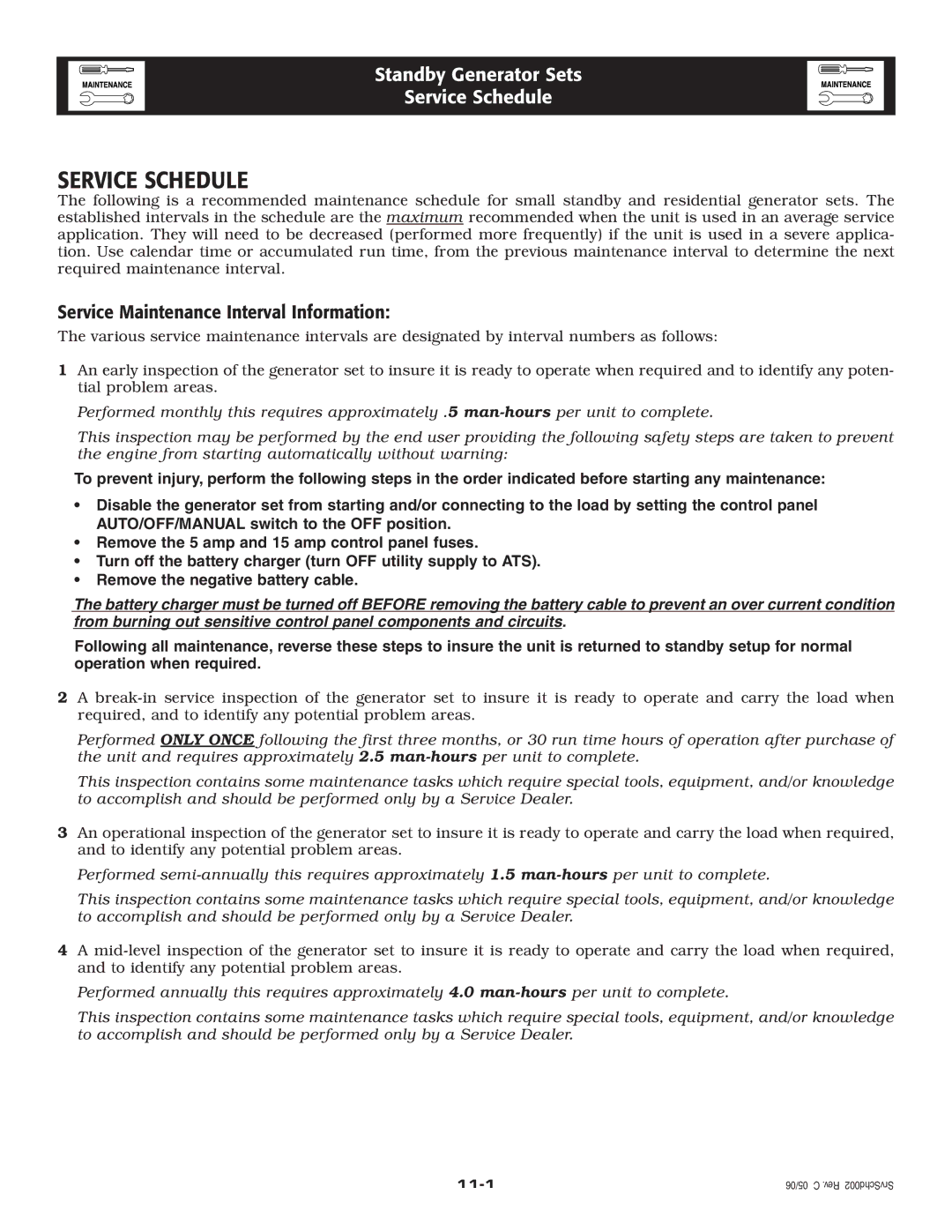 Generac Power Systems 005336-0, 005337-0 owner manual Service Schedule, Service Maintenance Interval Information 