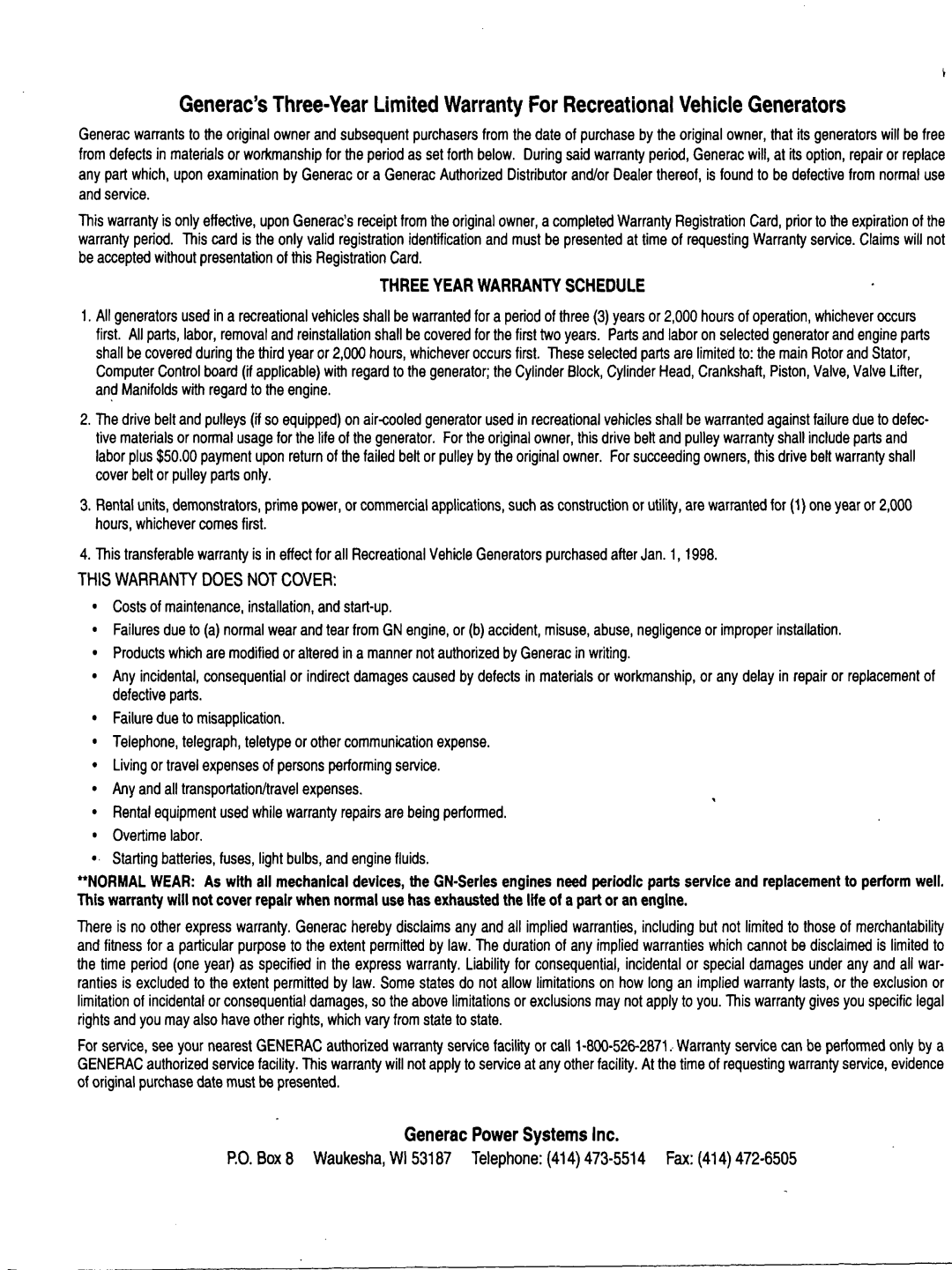 Generac Power Systems 00802-3 manual 