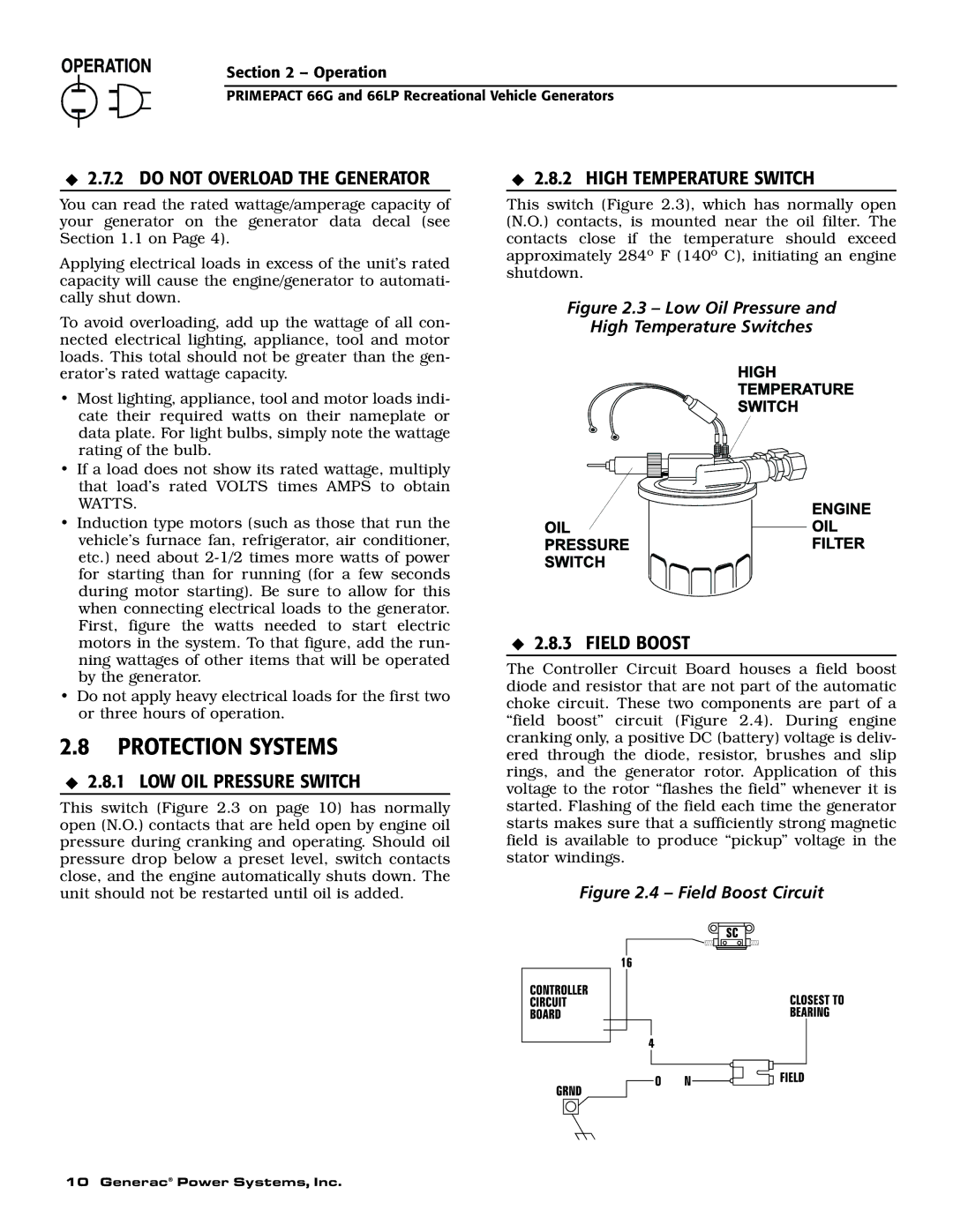 Generac Power Systems 009600-5, 009734-5 Protection Systems, High Temperature Switch, LOW OIL Pressure Switch, Field Boost 