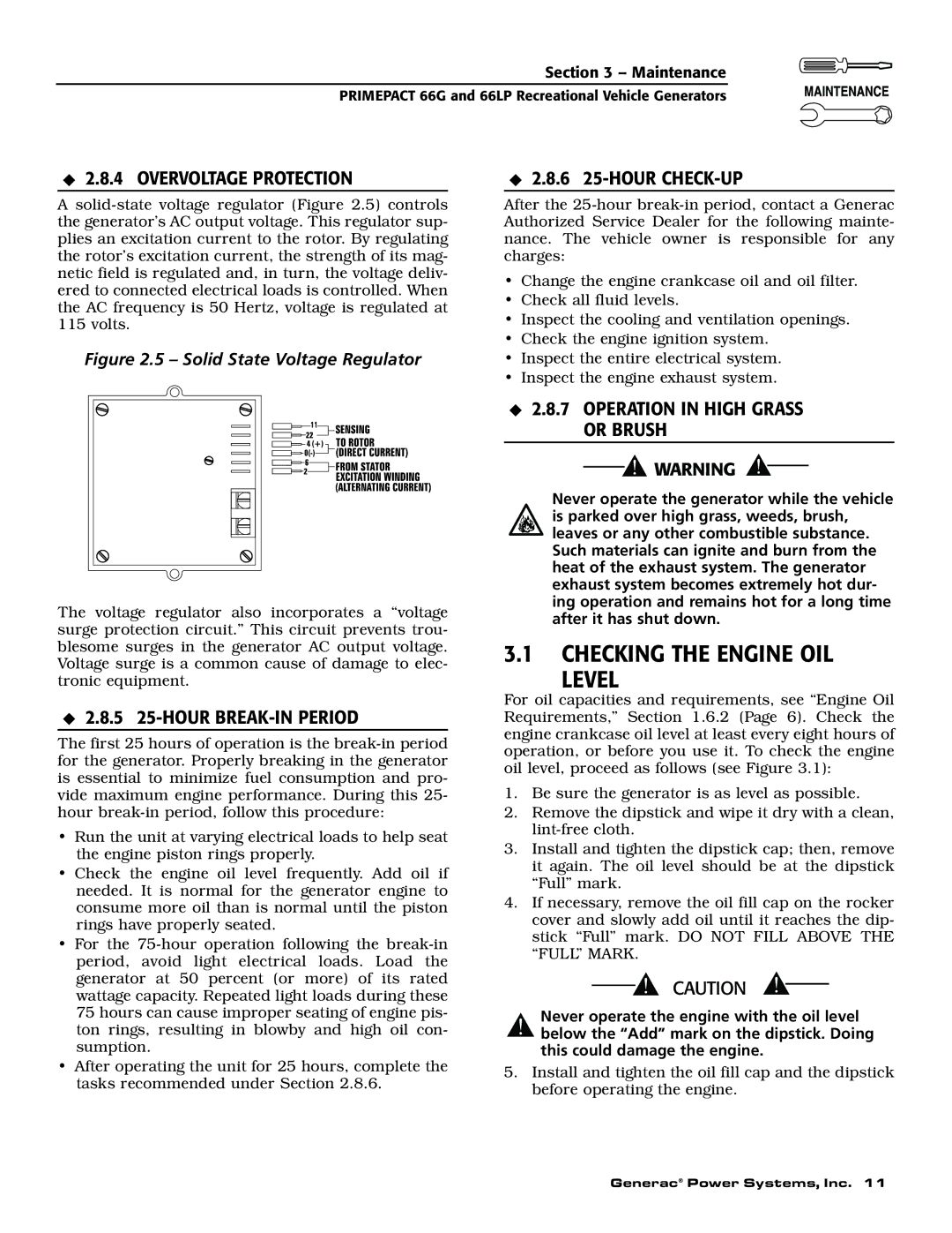 Generac Power Systems 009600-5, 009734-5 Checking the Engine OIL Level, Overvoltage Protection, 6 25-HOUR CHECK-UP 