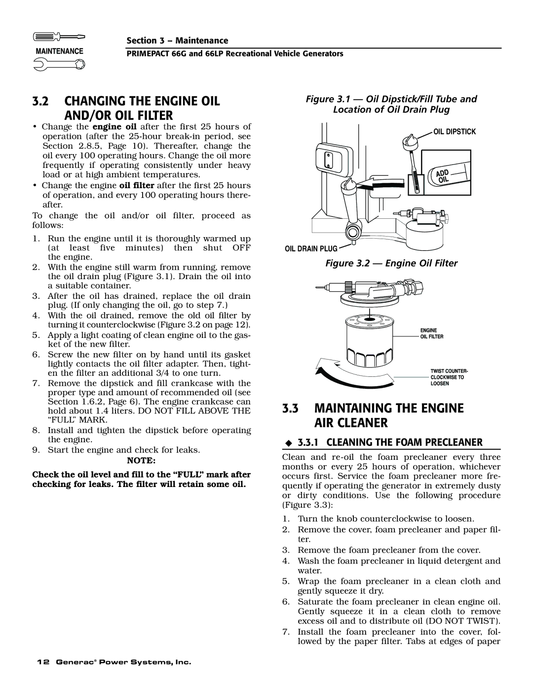 Generac Power Systems 009600-5, 009734-5 Changing the Engine OIL AND/OR OIL Filter, Maintaining the Engine AIR Cleaner 