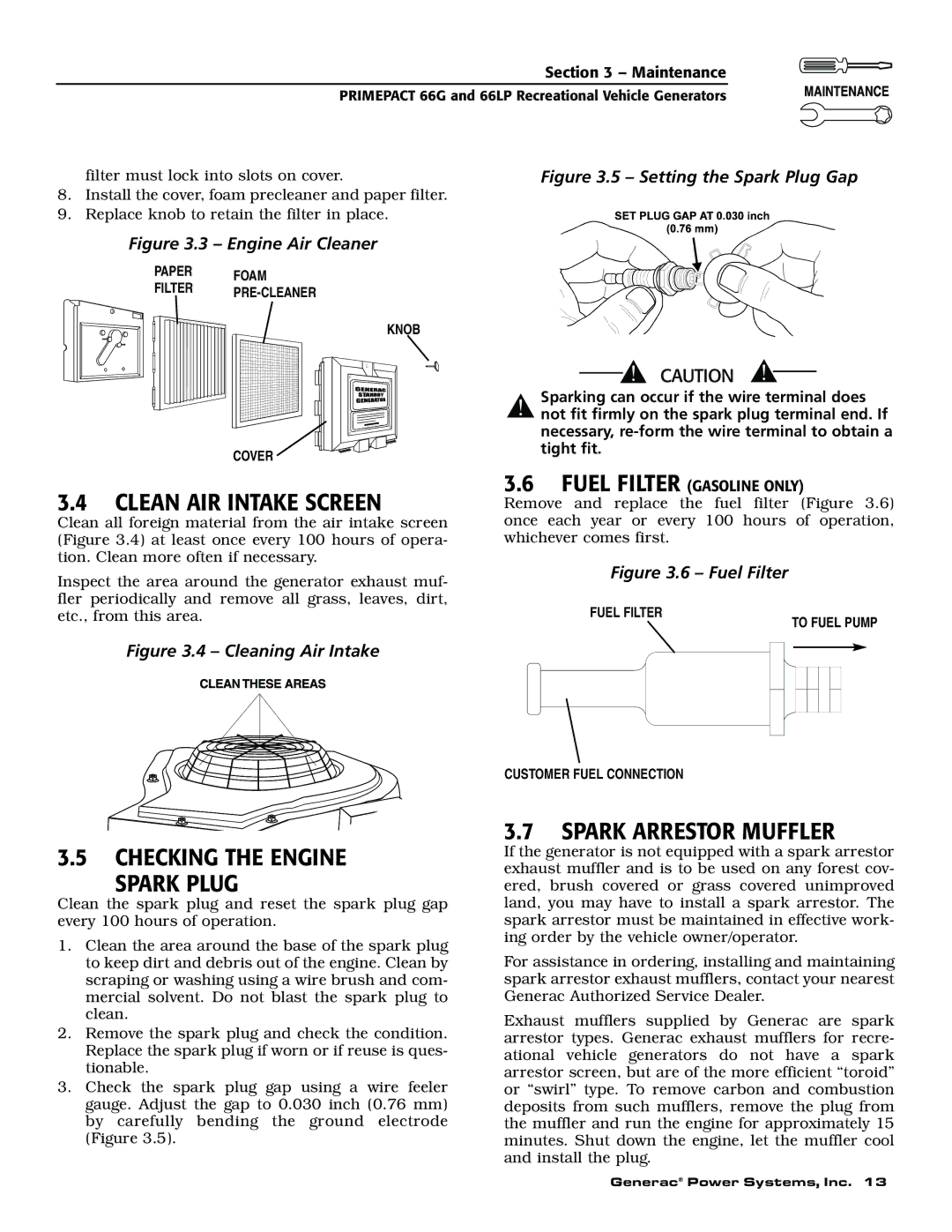 Generac Power Systems 009600-5, 009734-5 Clean AIR Intake Screen, Checking the Engine Spark Plug, Spark Arrestor Muffler 