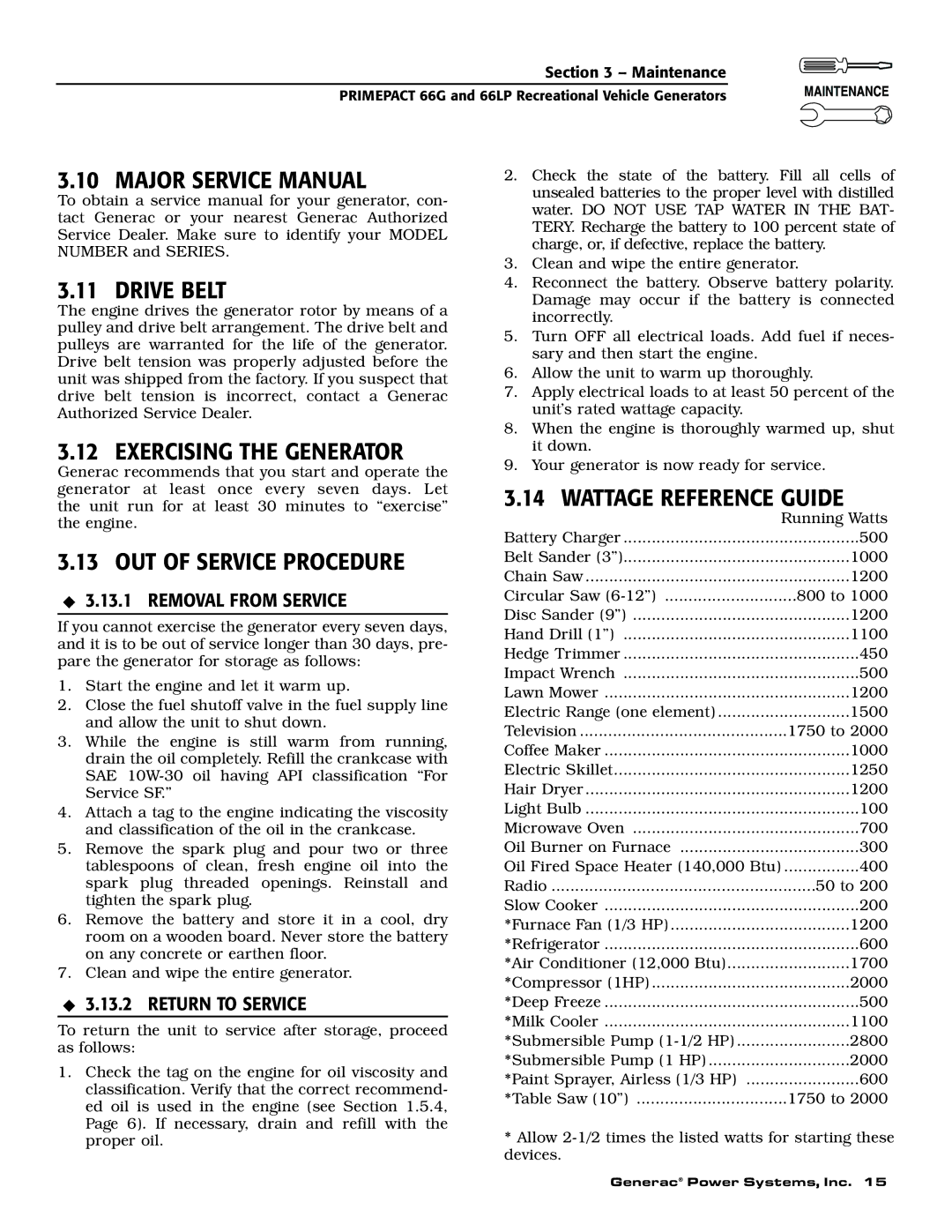 Generac Power Systems 009600-5, 009734-5 owner manual Drive Belt, Exercising the Generator, Wattage Reference Guide 