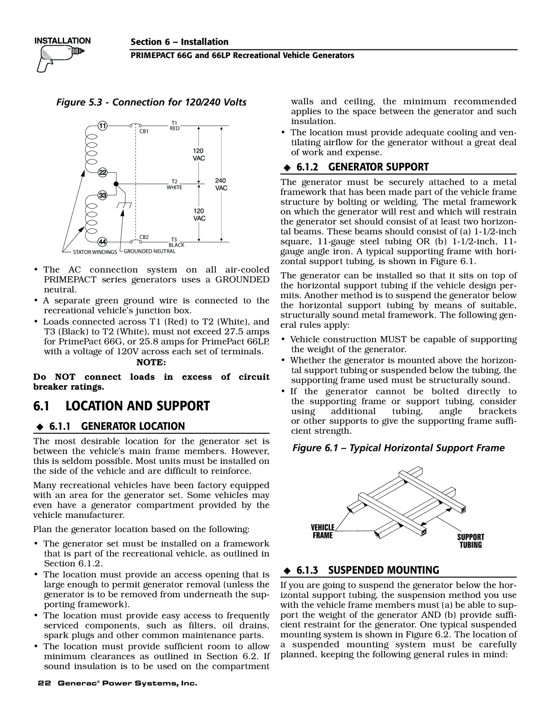 Generac Power Systems 009600-5, 009734-5 Location and Support, Generator Support, Generator Location, Suspended Mounting 