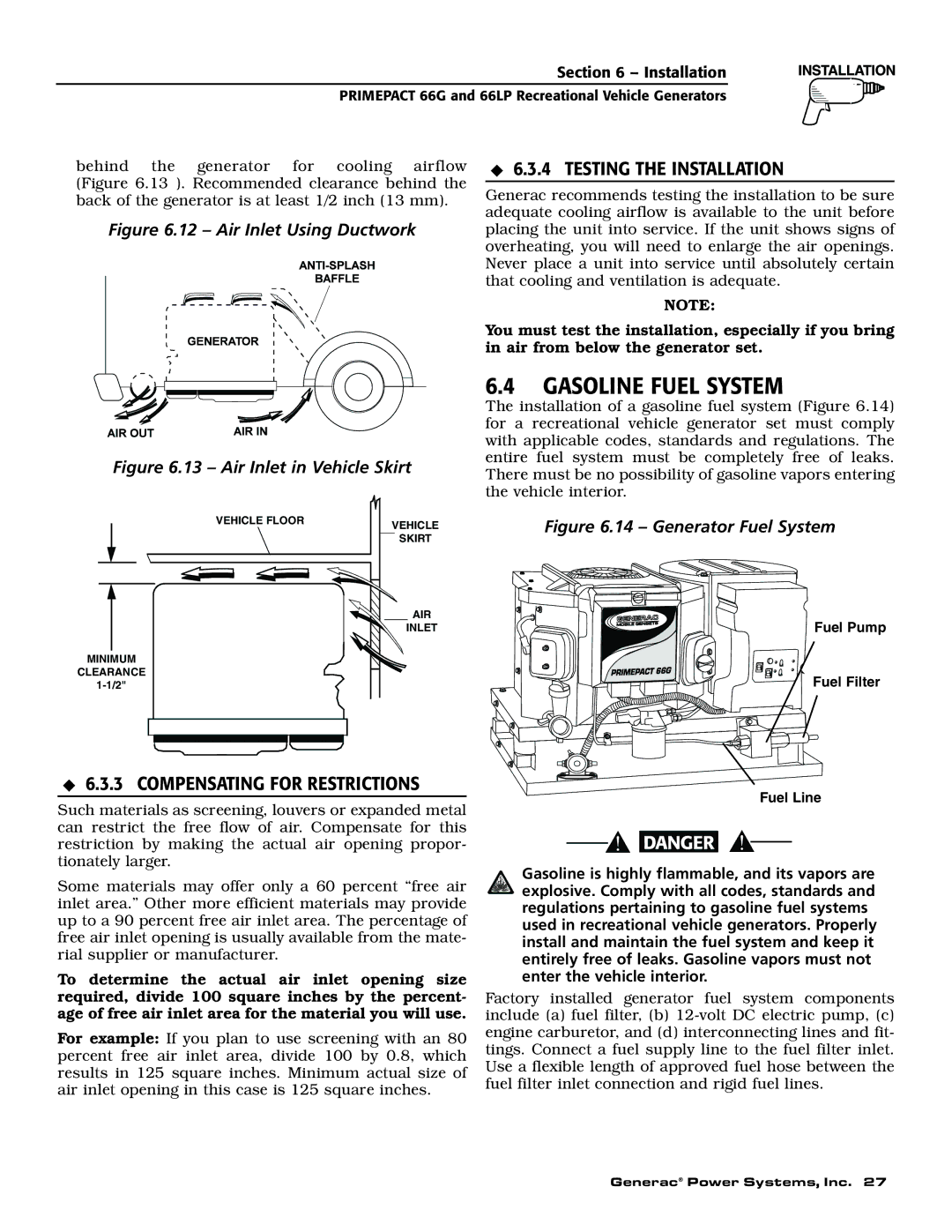 Generac Power Systems 009600-5, 009734-5 Gasoline Fuel System, Testing the Installation, Compensating for Restrictions 