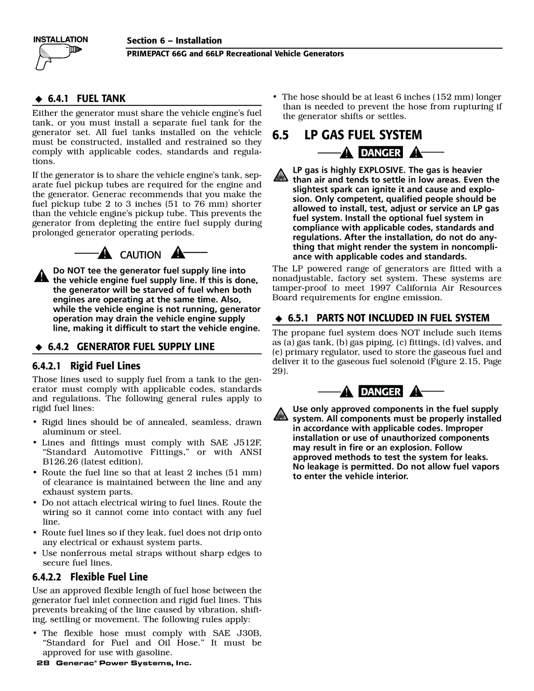 Generac Power Systems 009600-5, 009734-5 LP GAS Fuel System, Generator Fuel Supply Line, Parts not Included in Fuel System 