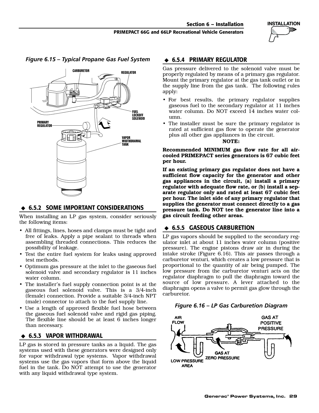 Generac Power Systems 009600-5, 009734-5 owner manual Primary Regulator, Some Important Considerations, Vapor Withdrawal 