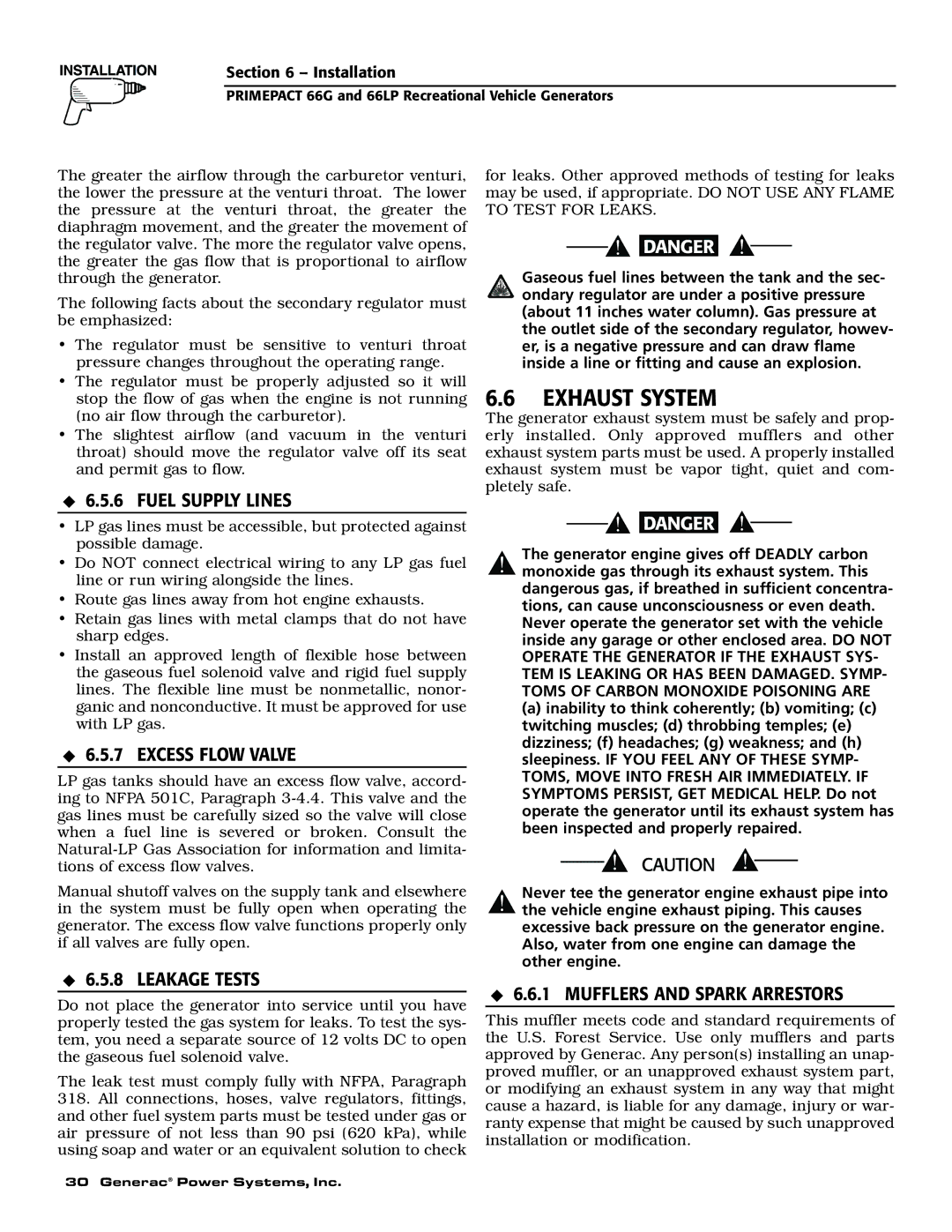 Generac Power Systems 009600-5, 009734-5 owner manual Exhaust System, Fuel Supply Lines, Excess Flow Valve, Leakage Tests 