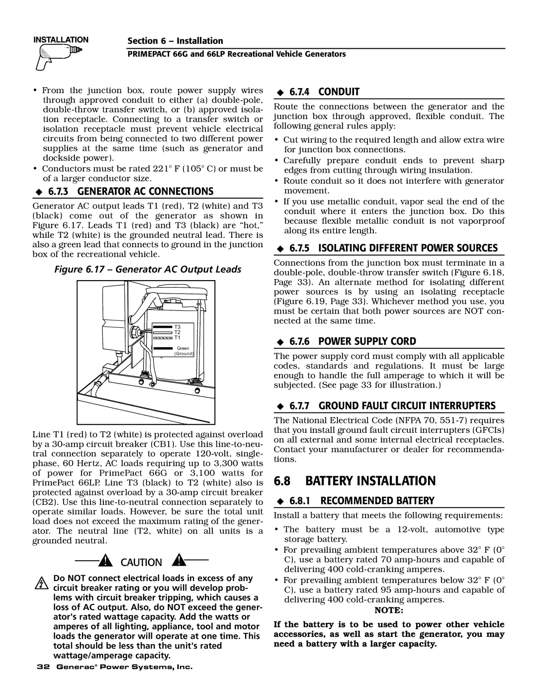 Generac Power Systems 009600-5, 009734-5 owner manual Battery Installation 