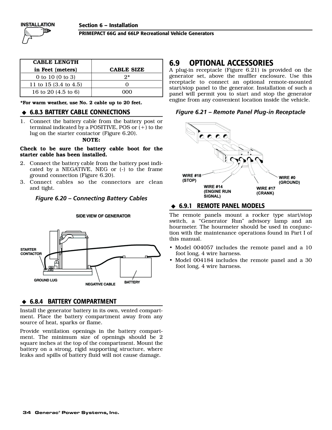 Generac Power Systems 009600-5, 009734-5 owner manual Optional Accessories, Battery Cable Connections, Remote Panel Models 