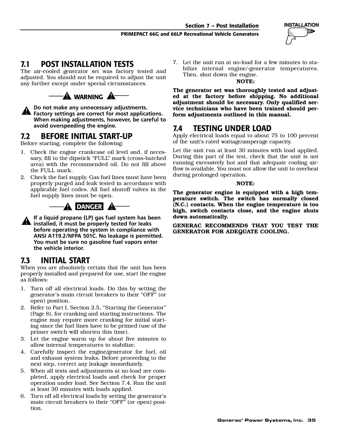 Generac Power Systems 009600-5, 009734-5 owner manual Post Installation Tests, Before Initial START-UP, Testing Under Load 