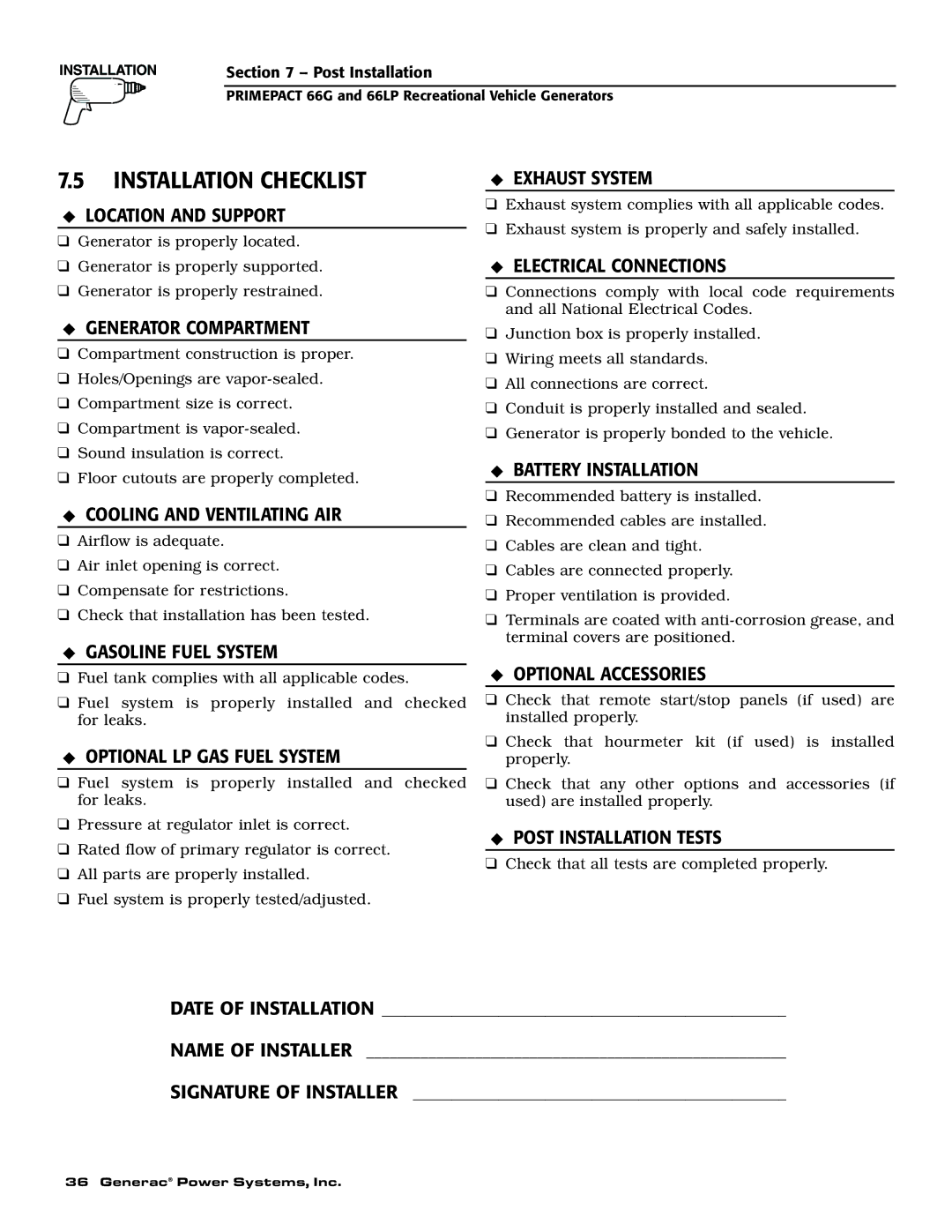 Generac Power Systems 009600-5, 009734-5 owner manual Installation Checklist 