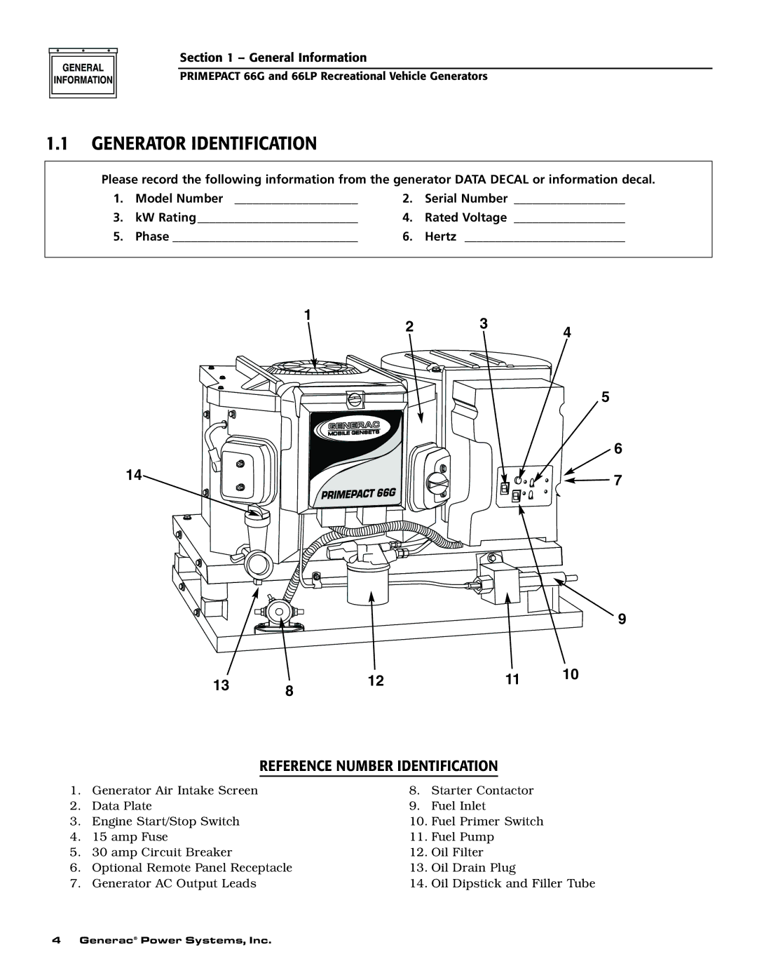 Generac Power Systems 009600-5, 009734-5 owner manual Generator Identification, Reference Number Identification 