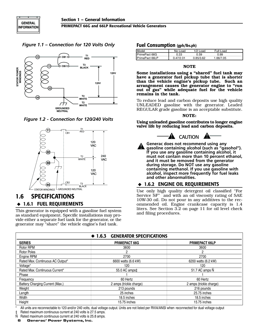 Generac Power Systems 009600-5, 009734-5 owner manual Specifications, Fuel Consumption gph/lbs.ph, Fuel Requirements 