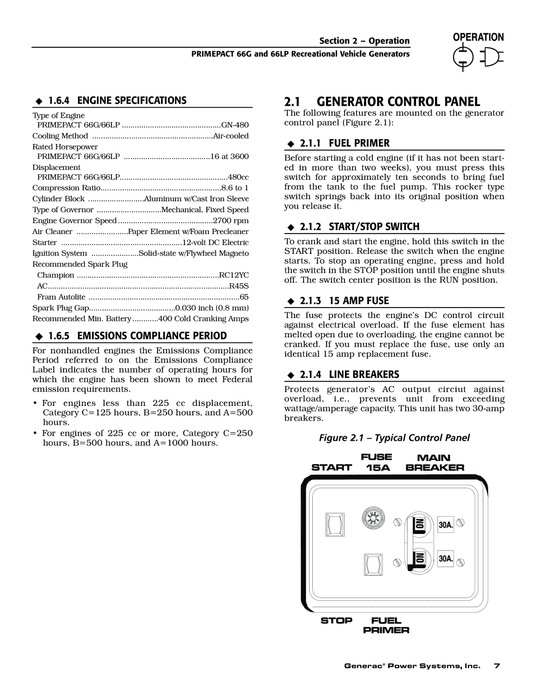 Generac Power Systems 009600-5, 009734-5 owner manual Generator Control Panel 