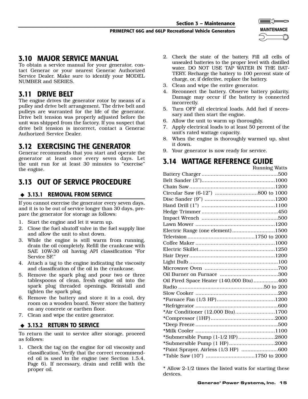 Generac Power Systems 009600-5, 009734-5 Major Service Manual, Drive Belt, Exercising The Generator, Removal From Service 