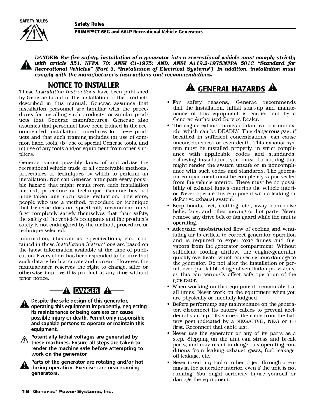 Generac Power Systems 009600-5, 009734-5 owner manual Notice To Installer, General Hazards 