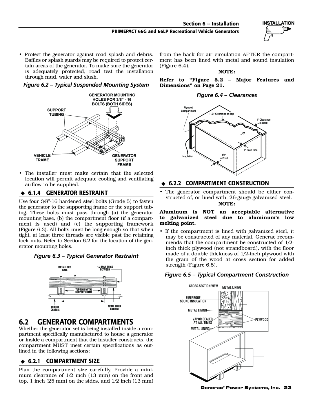 Generac Power Systems 009600-5, 009734-5 owner manual Generator Compartments, Generator Restraint, Compartment Construction 