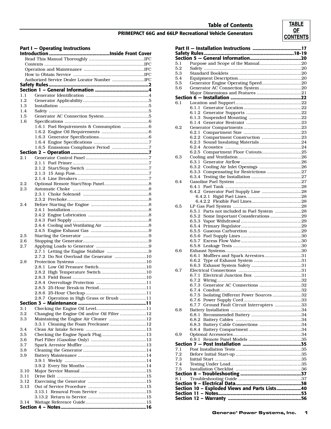 Generac Power Systems 009600-5, 009734-5 owner manual Table of Contents 