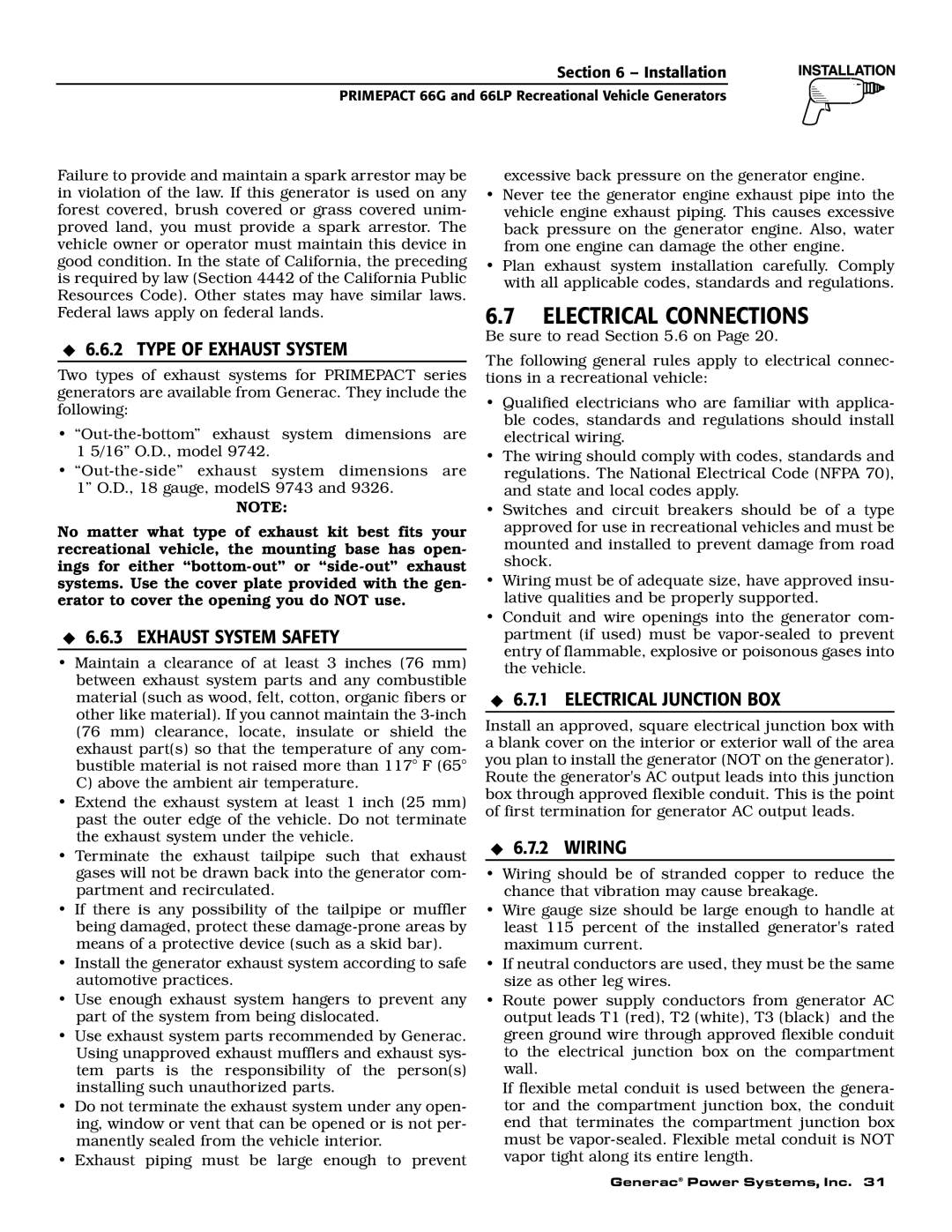 Generac Power Systems 009600-5, 009734-5 6.7ELECTRICAL CONNECTIONS, Type Of Exhaust System, Exhaust System Safety, Wiring 