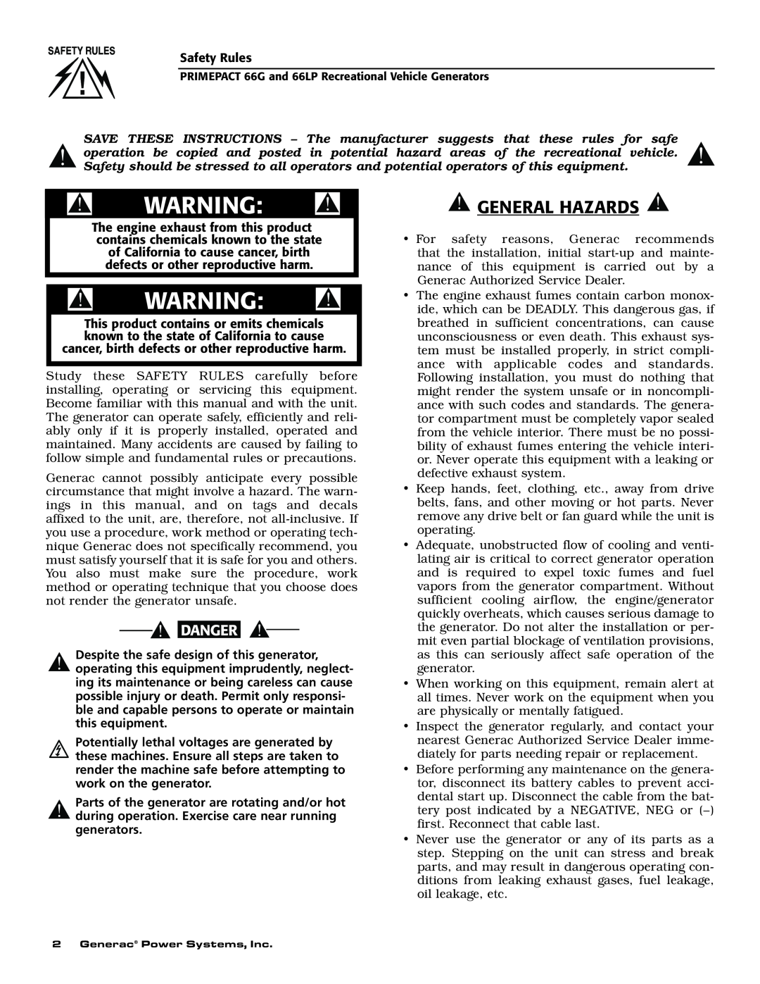 Generac Power Systems 009600-5, 009734-5 owner manual General Hazards 