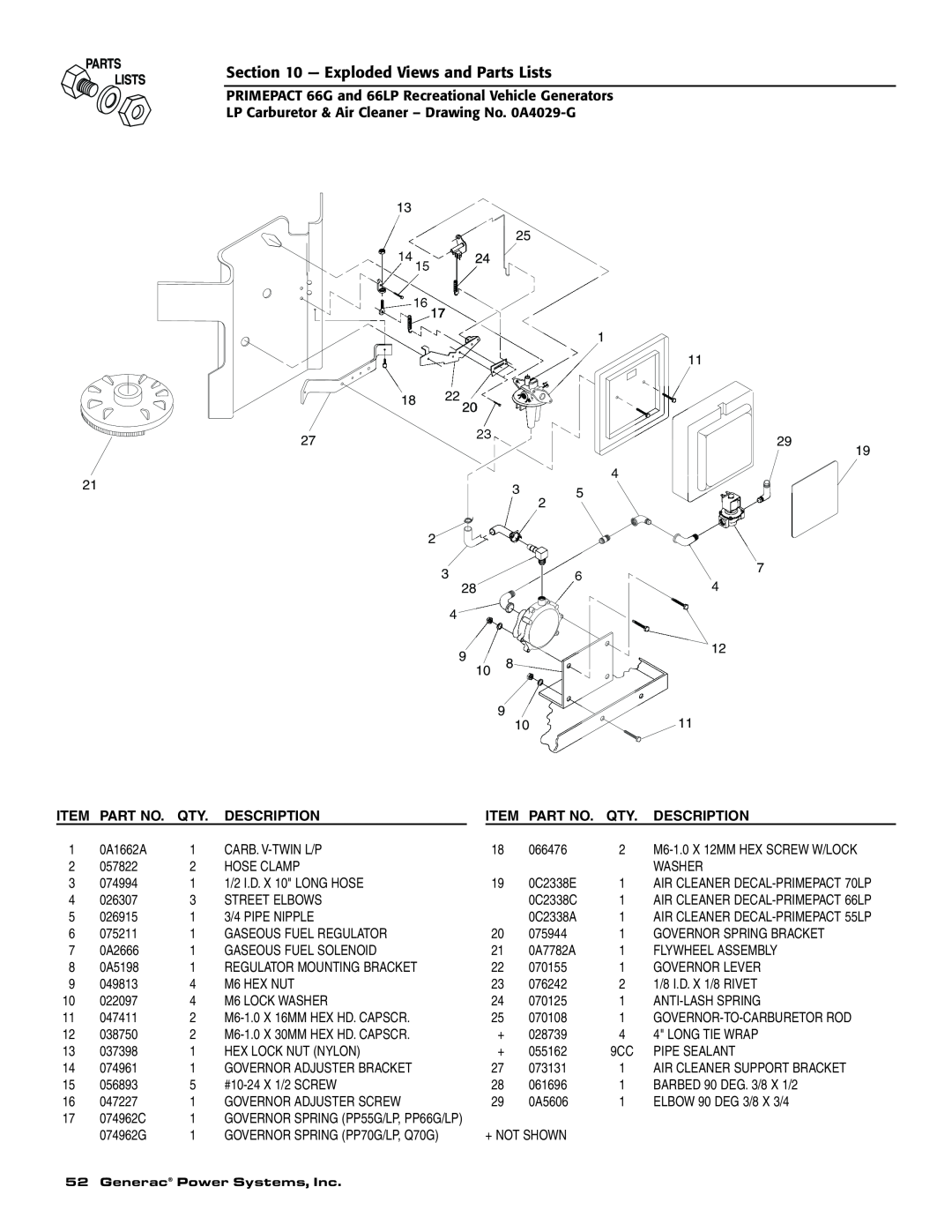 Generac Power Systems 009600-5, 009734-5 owner manual Item, Part No, Description 