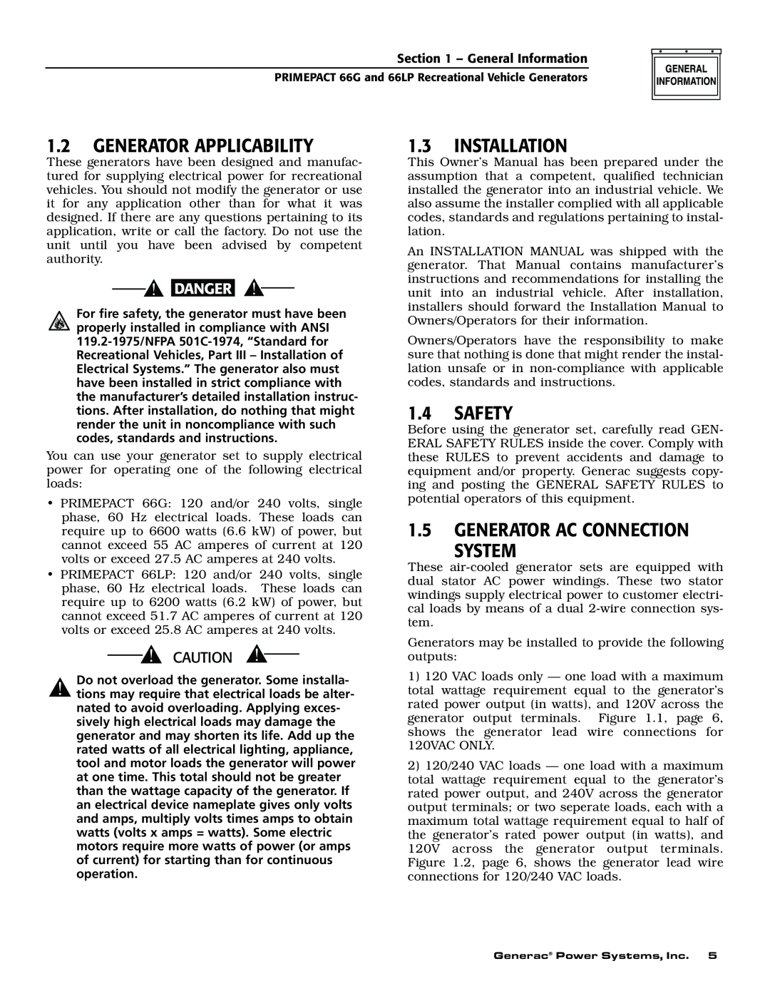 Generac Power Systems 009600-5, 009734-5 owner manual 1.2GENERATOR APPLICABILITY, 1.3INSTALLATION, 1.4SAFETY 
