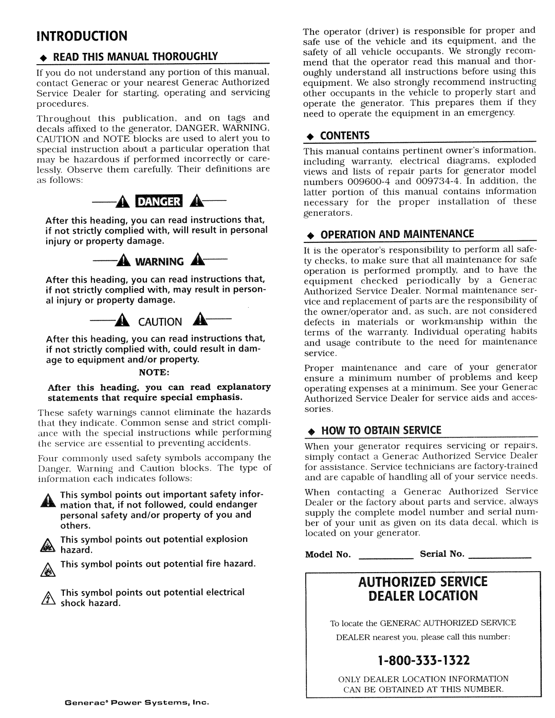 Generac Power Systems 009734-4, 009600-4 manual 