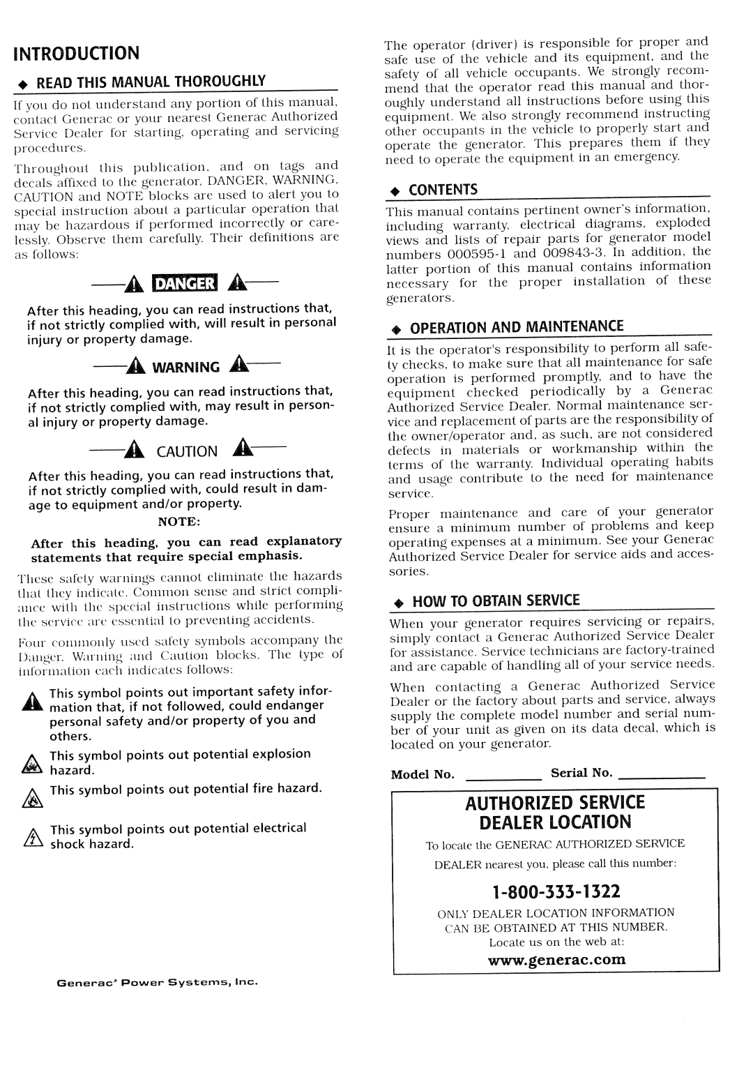 Generac Power Systems 009843-3, 000595-1 manual 