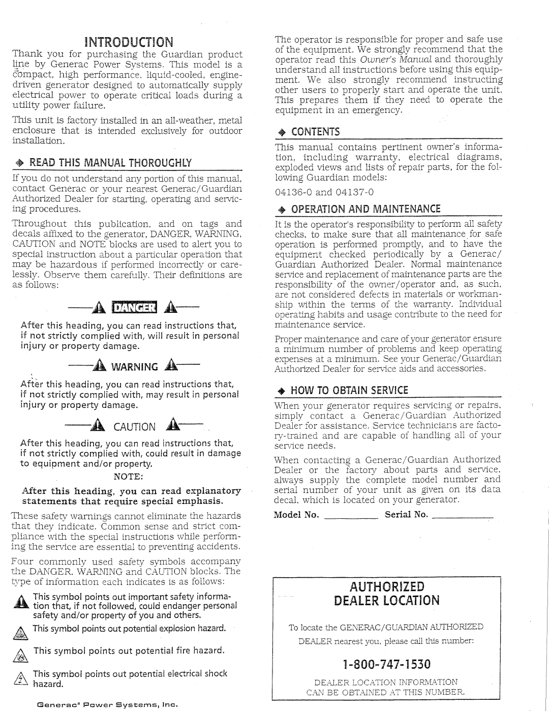 Generac Power Systems 04137-0, 04136-0 manual 