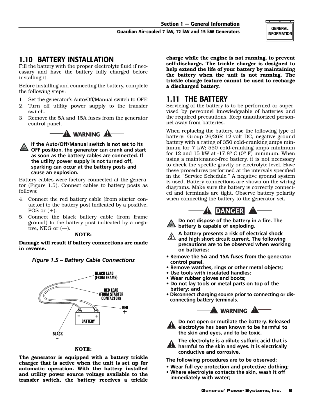 Generac Power Systems 04389-1, 04456-1, 04390-1 owner manual Battery Installation 