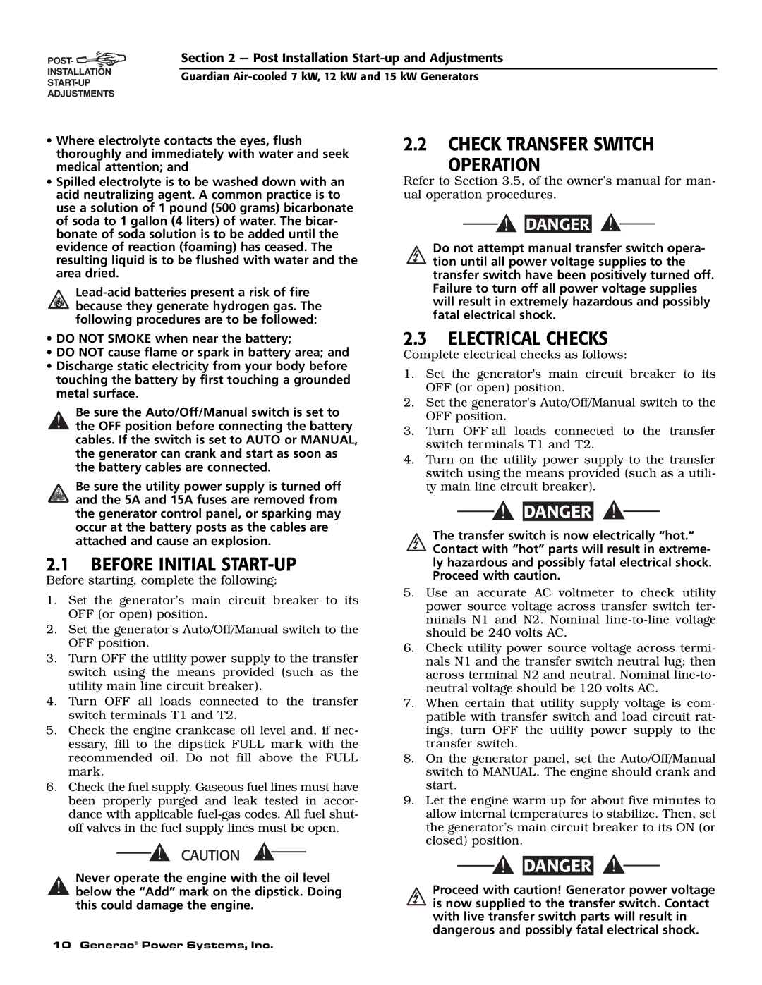 Generac Power Systems 04389-1, 04456-1, 04390-1 owner manual Before Initial START-UP, Check Transfer Switch Operation 