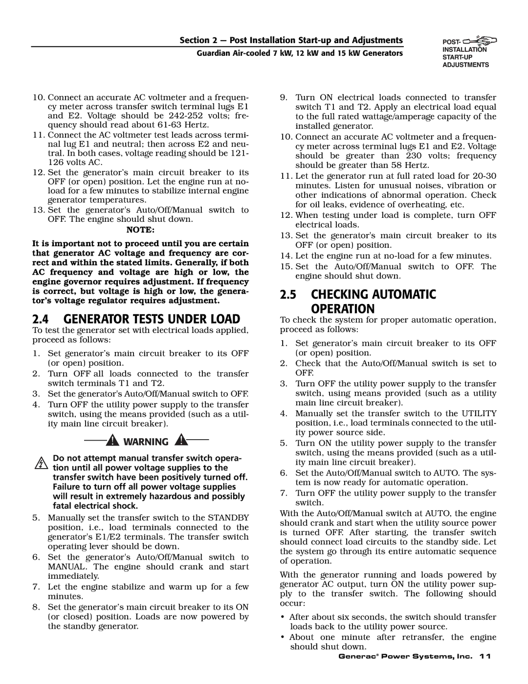 Generac Power Systems 04389-1, 04456-1, 04390-1 owner manual Generator Tests Under Load, Checking Automatic Operation 