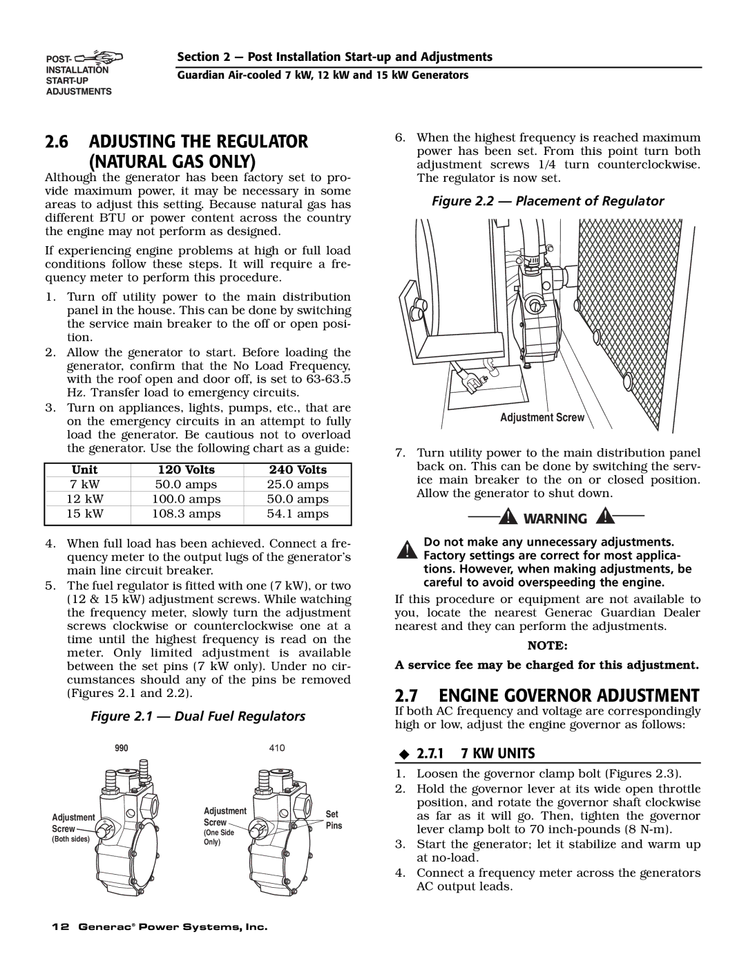 Generac Power Systems 04389-1, 04456-1, 04390-1 Adjusting the Regulator Natural GAS only, Engine Governor Adjustment 