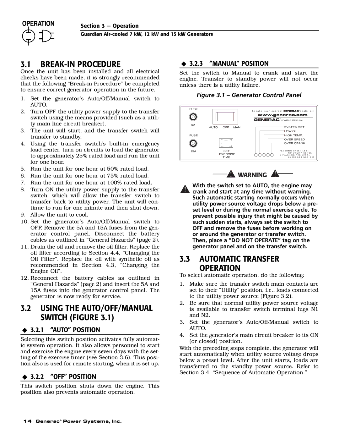 Generac Power Systems 04389-1, 04456-1, 04390-1 BREAK-IN Procedure, Automatic Transfer Operation, ‹ 3.2.3 Manual Position 