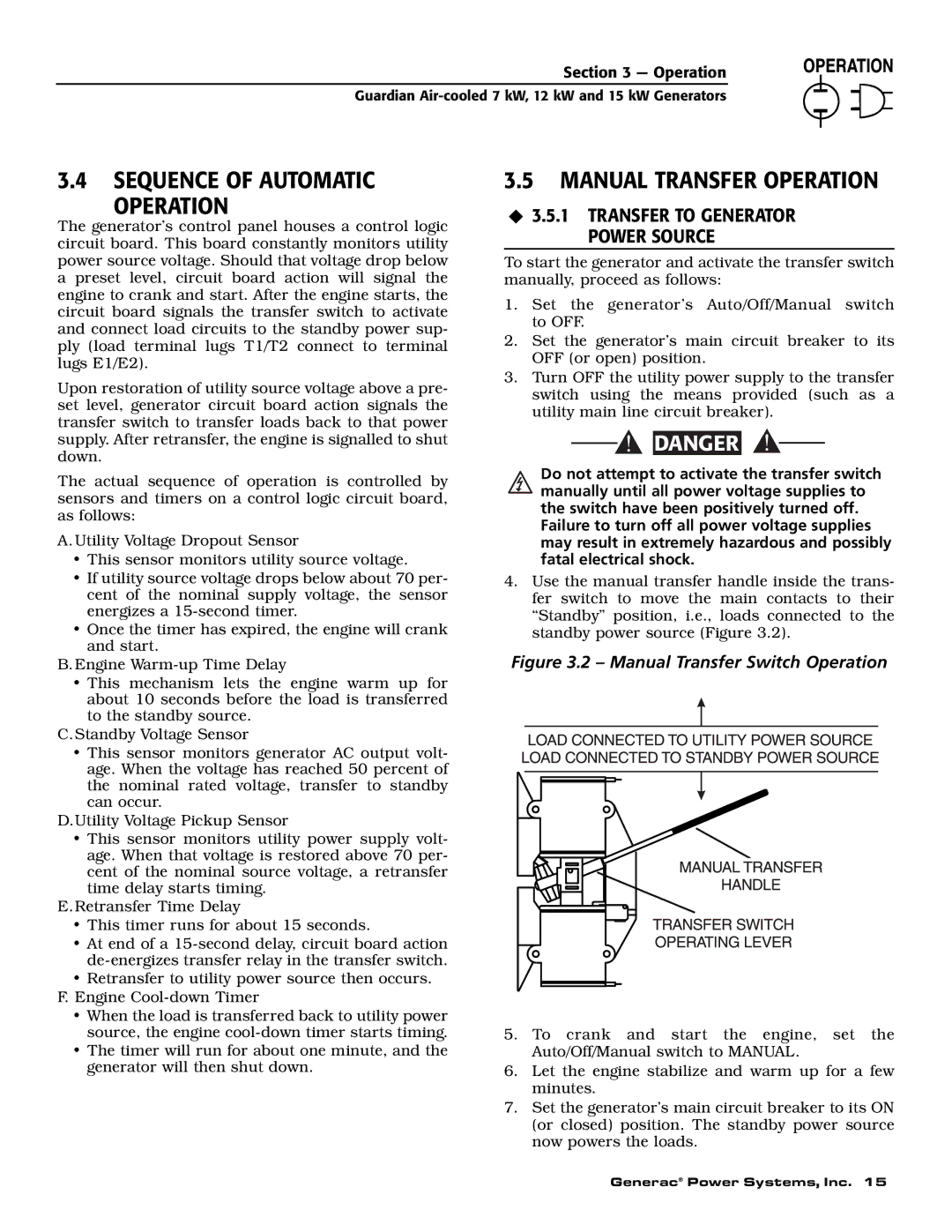 Generac Power Systems 04389-1, 04456-1, 04390-1 owner manual Sequence of Automatic Operation, Manual Transfer Operation 