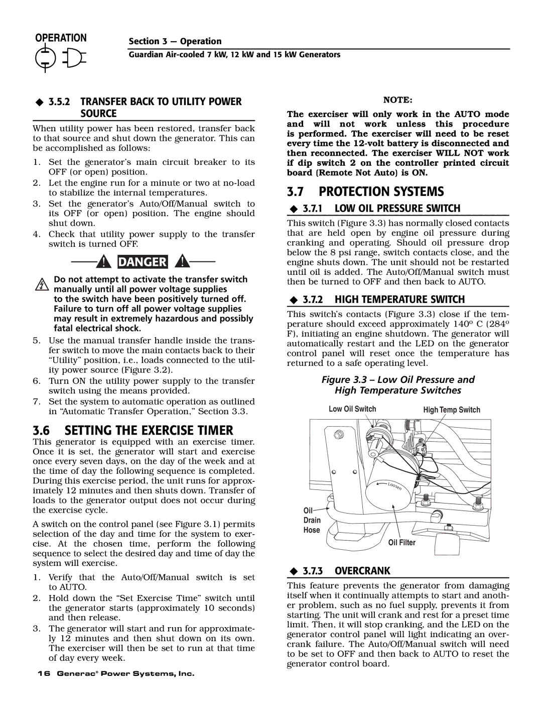 Generac Power Systems 04389-1, 04456-1, 04390-1 Setting the Exercise Timer, ‹ 3.5.2 Transfer Back to Utility Power Source 