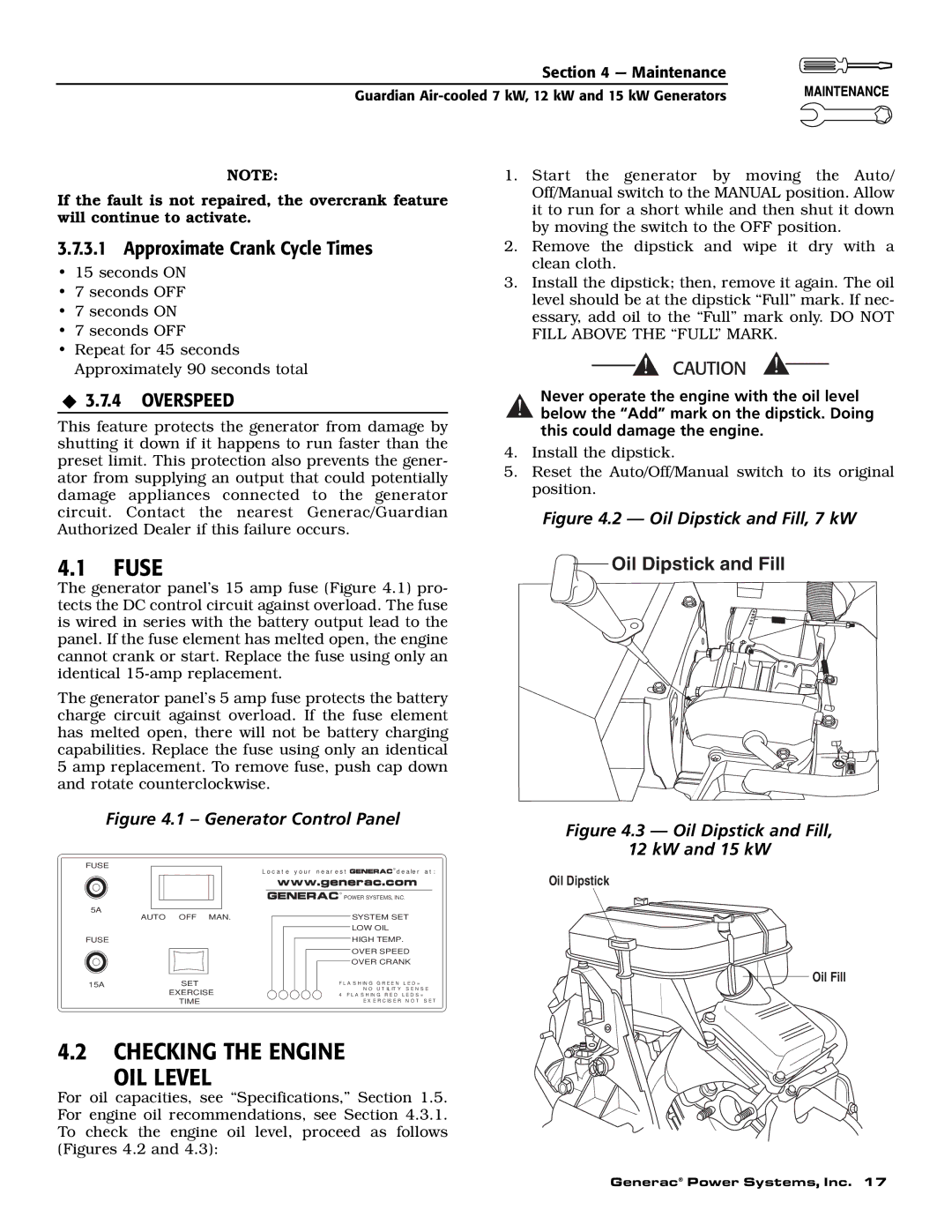 Generac Power Systems 04389-1, 04456-1, 04390-1 owner manual Checking the Engine OIL Level, Approximate Crank Cycle Times 