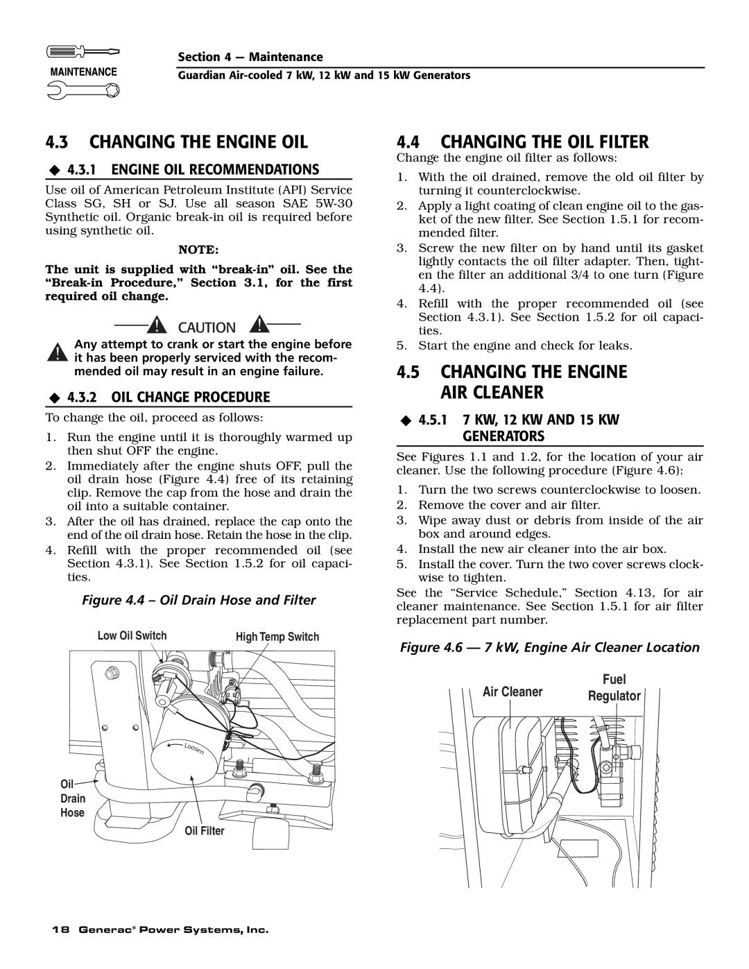 Generac Power Systems 04389-1, 04456-1, 04390-1 owner manual Changing the Engine OIL, Changing the OIL Filter 