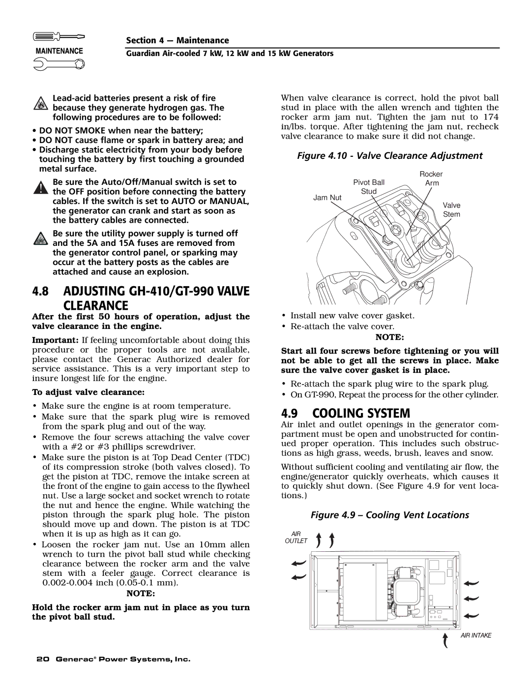 Generac Power Systems 04389-1, 04456-1, 04390-1 owner manual Adjusting GH-410/GT-990 Valve Clearance, Cooling System 