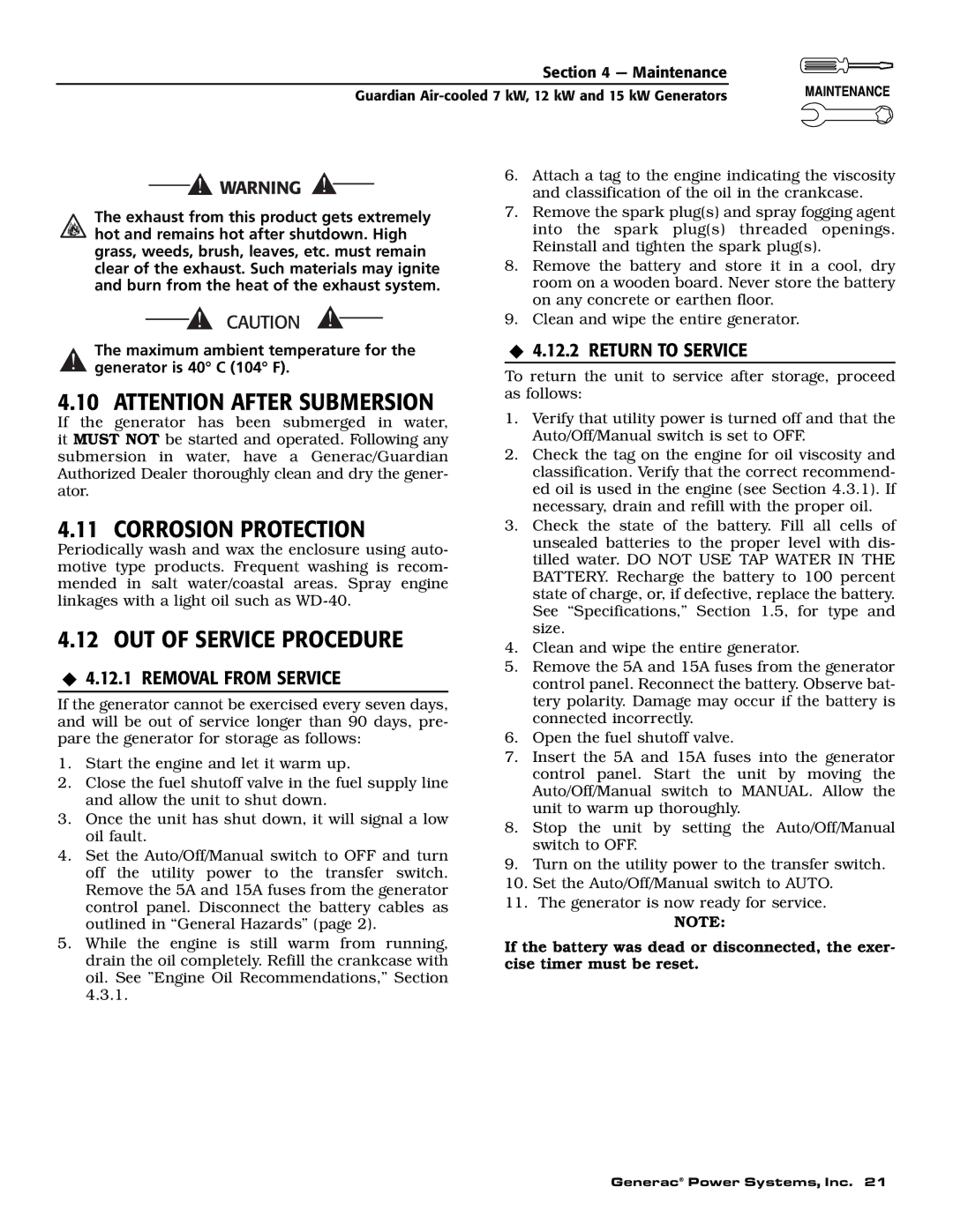 Generac Power Systems 04389-1, 04456-1, 04390-1 Corrosion Protection, OUT of Service Procedure, ‹ 4.12.2 Return to Service 