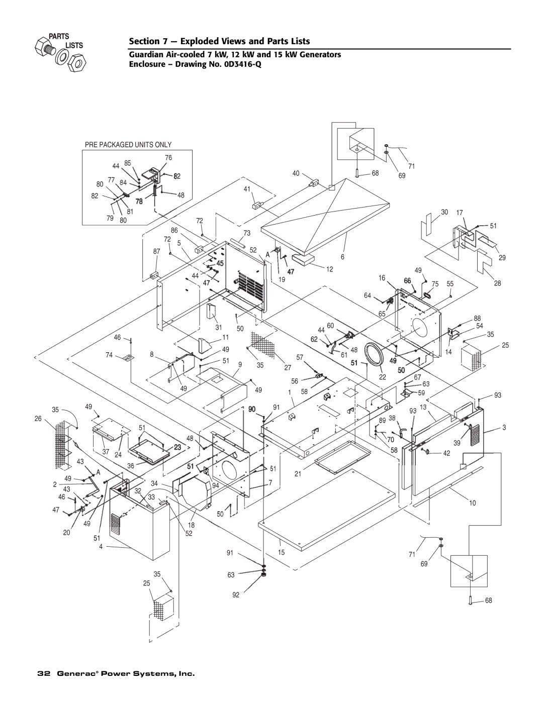 Generac Power Systems 04389-1, 04456-1, 04390-1 owner manual Exploded Views and Parts Lists 