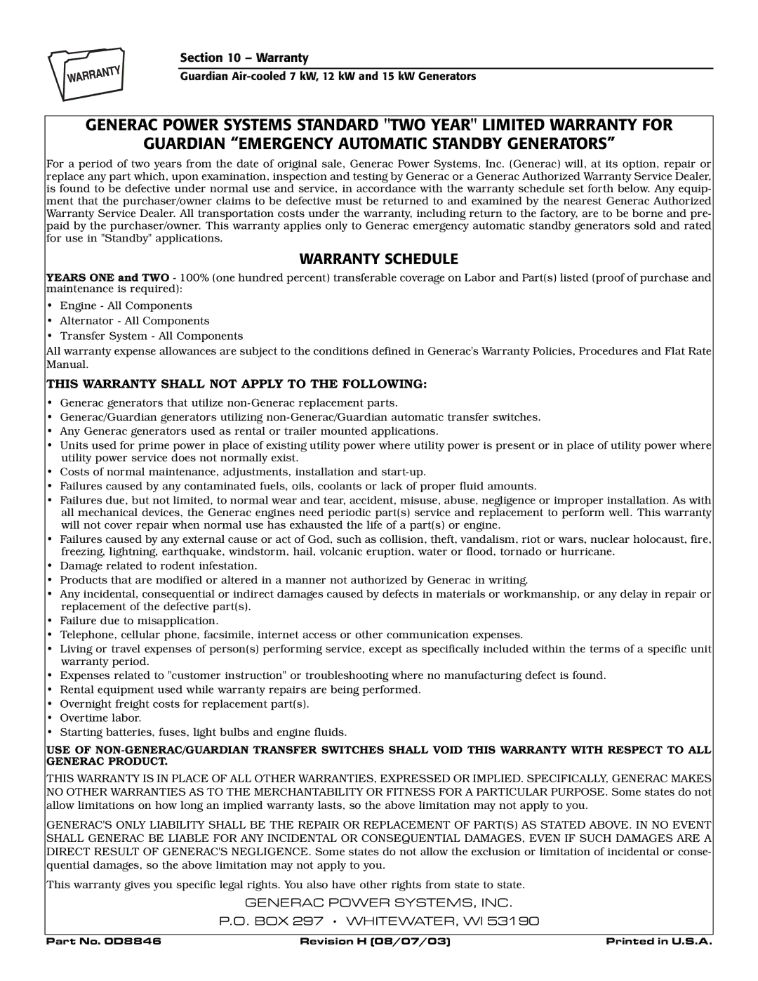 Generac Power Systems 04389-1, 04456-1, 04390-1 Warranty Schedule, This Warranty Shall not Apply to the Following 